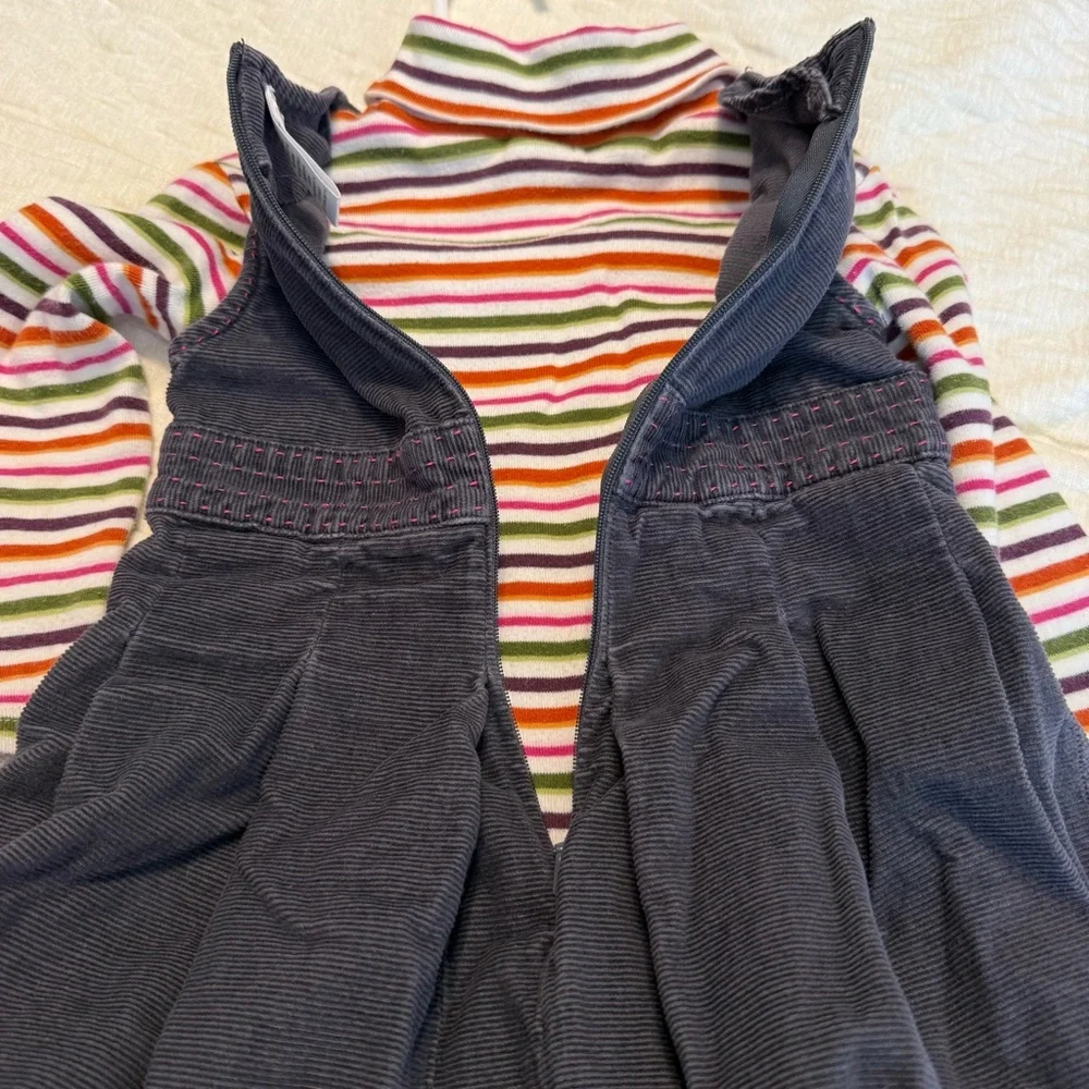 Gymboree Gray Corduroy Jumper Dress W/ Striped Turtleneck Size 4T Cotton Floral